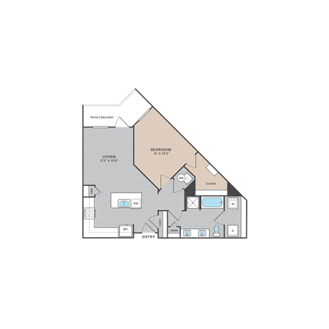A black and white image of a house floor plan with a living room, bedroom, bathroom, and closet.
